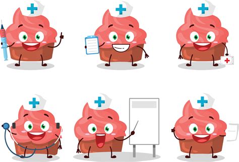 médico profesión emoticon con fresa pastel dibujos animados personaje