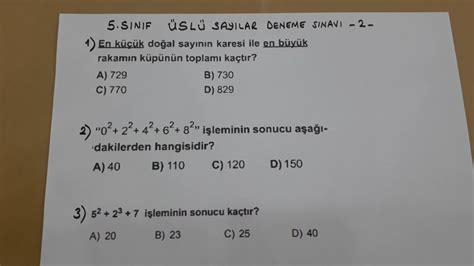 5 sınıf üslü sayılar deneme sınavı 2 Bir sayının karesi ve küpü