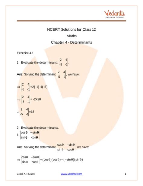 NCERT Solutions For Class 12th Maths Chapter 4 Determinants