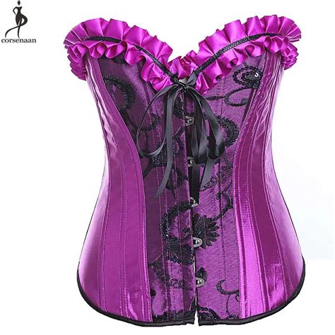 Purple Overbust Corset Satin Corsets Plastic Boned Ruffles Border