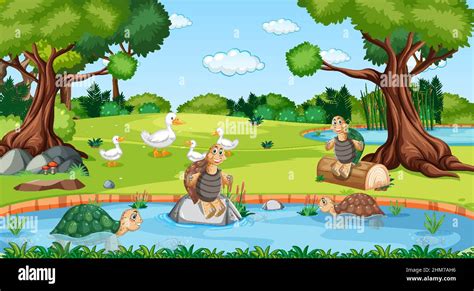 River in the forest scene with wild animals illustration Stock Vector ...