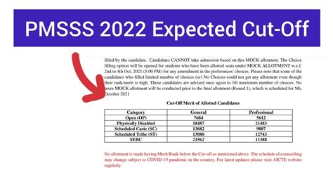 Pmsss Category Wise Expected Cut Off For Round Dummy Mock Seat