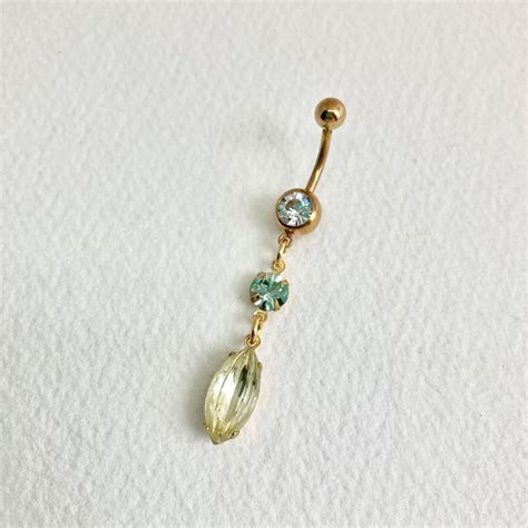 Gold Belly Ring Long Dangle Chain Yellow Crystal Belly Ring Green