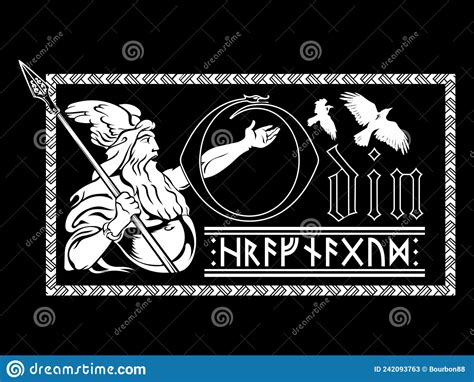 God Wotan Two Ravens And Runes Shields Illustration Of Norse