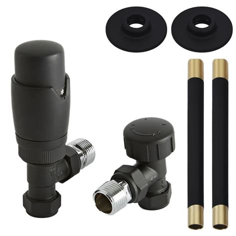 Milano Modern Black Thermostatic Angled Radiator Valve And Pipe Set