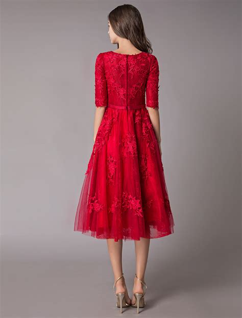 Lace Cocktail Dresses Burgundy Bow Sash Half Sleeve Tea Length Prom Dress