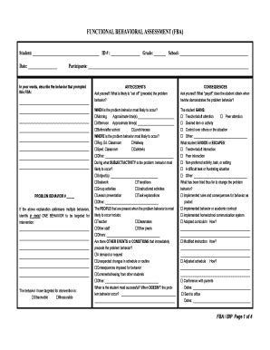 Fillable Online Sisd FUNCTIONAL BEHAVIORAL ASSESSMENT FBA Sisdnet Fax