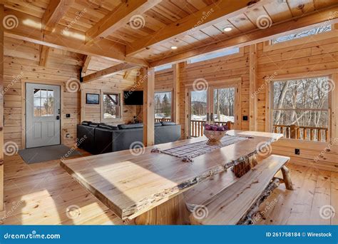 Kitchen and Living Room Interior of Log Cabin in Mountains Stock Photo ...