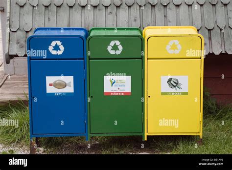 Romania Europe Three Colour Coded Blue Green Yellow Recycling Bins For