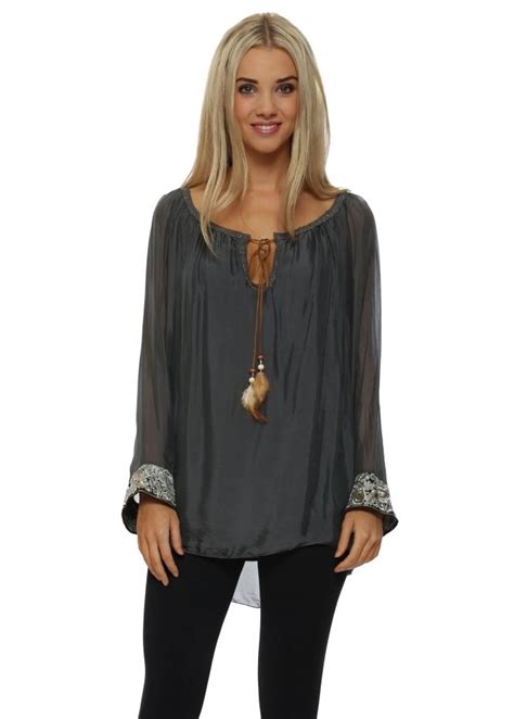 Jandl Paris Grey Silk Embroidered Cuff Tunic Top Silk Tunic Top Silk Top Tunic Tops With