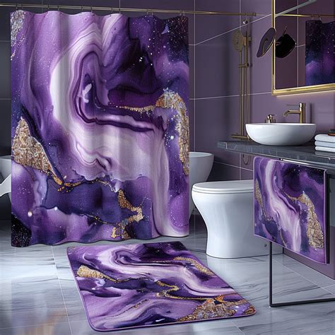 Hyperrealistic Purple Marble Shower Curtain Set With Golden Glitter