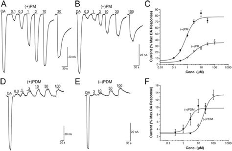 Dose-response of currents induced by phenmetrazine (PM; Panels A,B) and... | Download Scientific ...