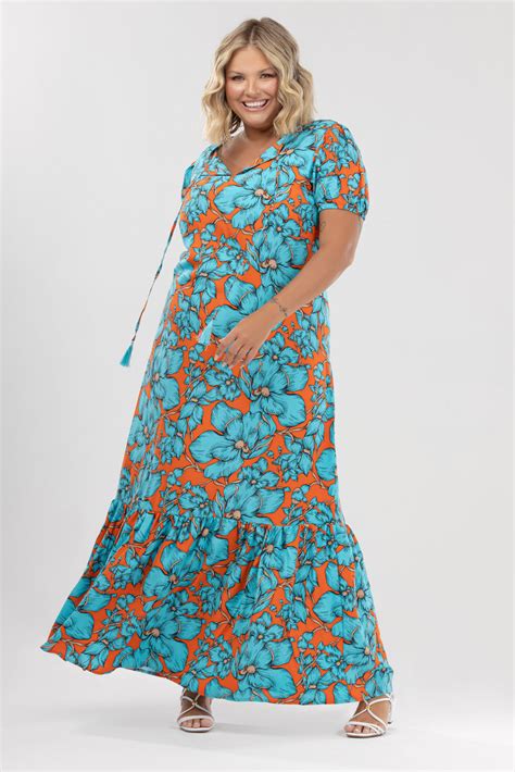 Vestido Longo Abertura E Babado Franzido Floral Plus Size Miss Peck