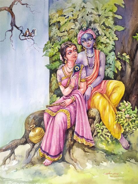 Radha Krishna Seated Under The Tree | Watercolor Painting by Sarat Shaw | Exotic India Art