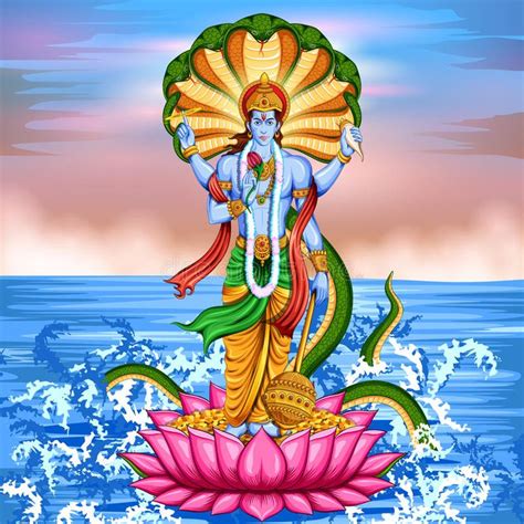 Lord Vishnu standing on lotus giving blessing. Illustration of Lord ...