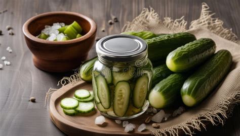 Pepinillos En Un Frasco Y Algunas Lonchas De Picante En Una Tabla De