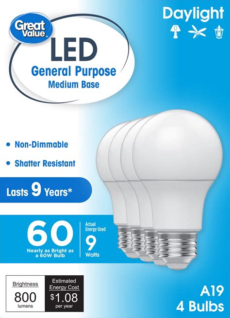 Great Value A19 LED Light Bulbs, 60 Watts Eqv, Daylight, General ...