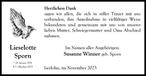 Traueranzeigen Von Lieselotte Sporn Trauer In Nrw De