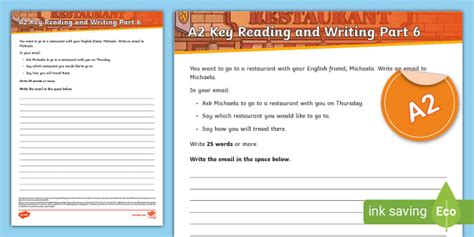 Esl A2 Reading And Writing Part 6 Activity Sheet Restaurant