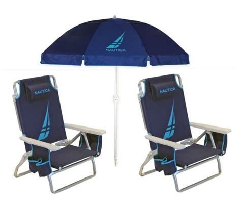 2 Teal Nautica Beach Chairs W/ Cooler Cup Holder 7' Blue Umbrella for ...