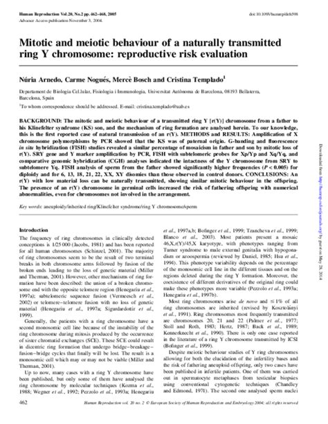 Pdf Mitotic And Meiotic Behaviour Of A Naturally Transmitted Ring Y Chromosome Reproductive