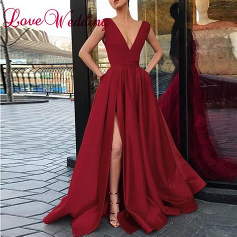 Formal Dress Wine Red Evening Dresses Long Satin A Line Sexy V Neck