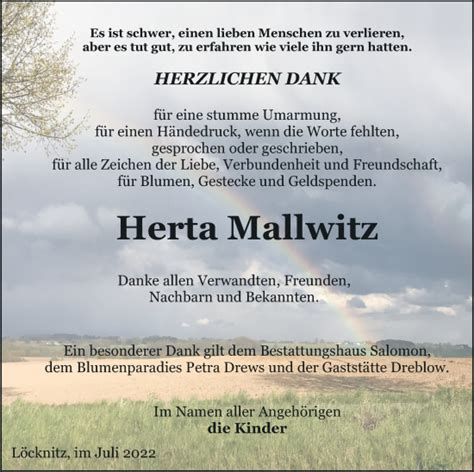 Traueranzeigen Von Herta Mallwitz Trauer Nordkurier