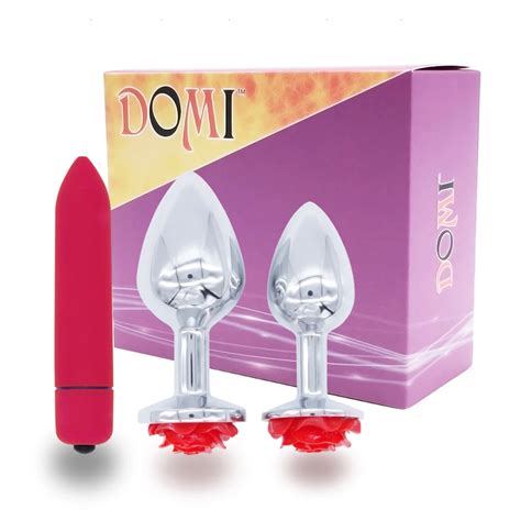 DOMI 3pcs Set Rose Flower Stainless Steel Butt Plug Dildo 10 Speeds