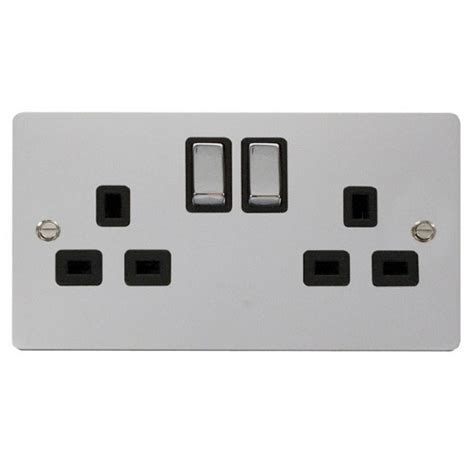 Click Define Polished Chrome Flat Plate Ingot 2 Gang 13a Double Pole Switched Socket With Black