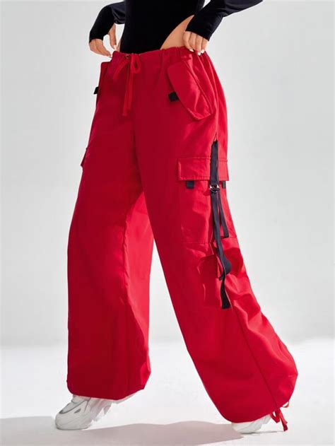 Shein Coolane Buckle Strap Detail Flap Pocket Drawstring Waist Parachute Cargo Pants Shein Usa