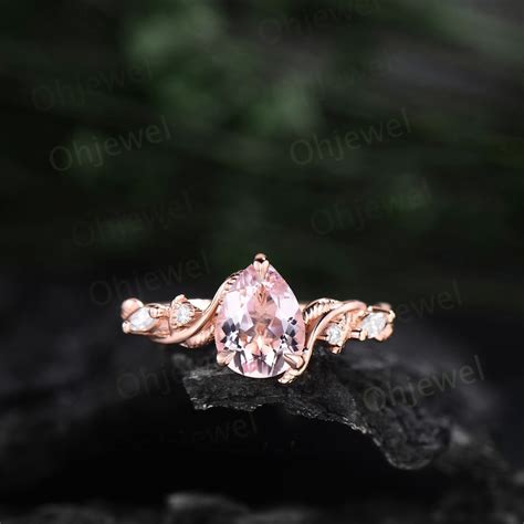 Unique Pear Shaped Pink Morganite Engagement Ring Set Solid Etsy