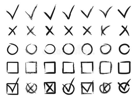 Set Hand Drawn Check Mark Tick And Cross Brush Signs Checkmark Ok And