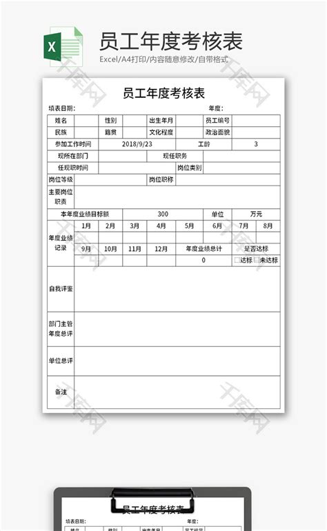 员工年度考核表Excel模板 千库网 excelID159198