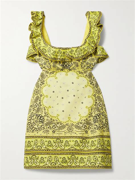 Zimmermann Matchmaker Cutout Ruffled Printed Linen Mini Dress Yellow