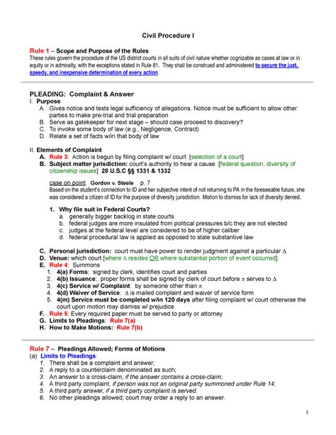 Civil Procedure I Outline Civil Procedure I Rule 1 Scope And