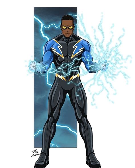 A Man In Black And Blue Costume With Lightning Behind His Back On A