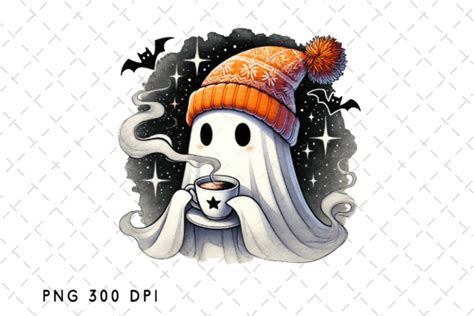 Cute Ghost Drinking Coffee Halloween Png Graphic By Finiolla Design