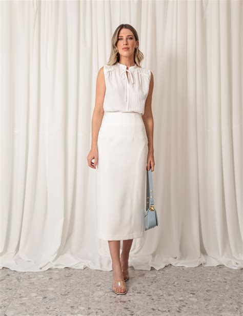 Saia Lapis Midi Alfaiataria Twill Off White Unique Chic