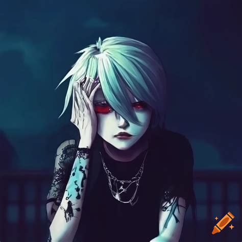 Sad Blonde Goth Emo Vampire Anime Boy With Face Tattoos On Top Of A