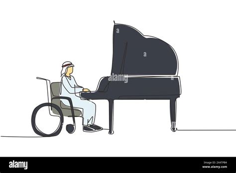 Single One Line Drawing Disabled Arab Man In Wheelchair Playing Piano