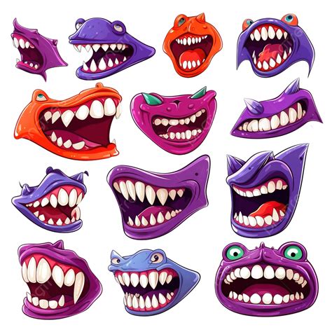 Cartoon Halloween Scary Monster Mouths With Teeth And Tongue Fangs