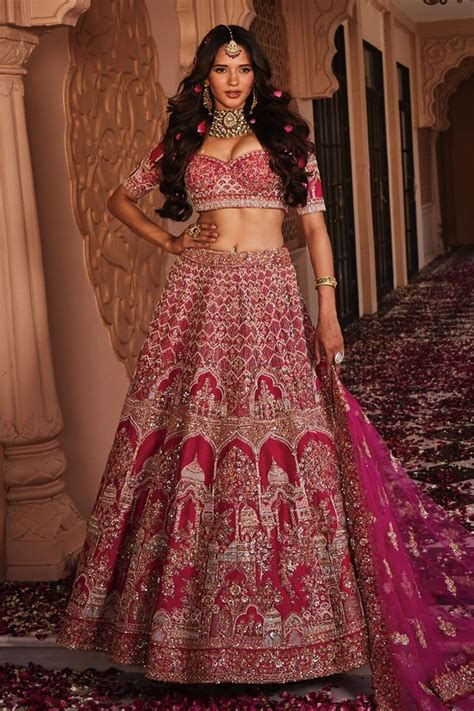 Kalighata Lucknowi Mughal Embroidered Lehenga Set Pink Thread Raw Silk Sweetheart Neck