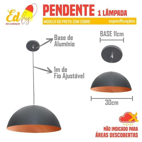 Pendente Bacia Meia Lua Preto Cobre Cm Alum Nio Lp Balc O