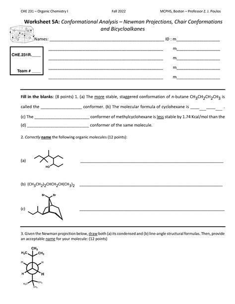 Worksheet A Conformational Analysis Newman Projections Chair