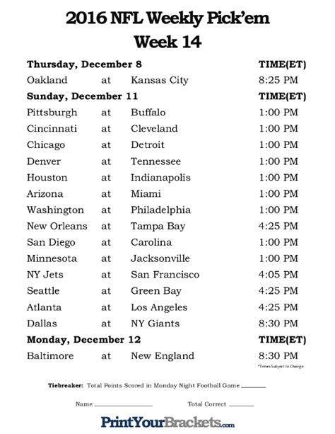 Printable Nfl Week Schedule Pick Em Office Pool