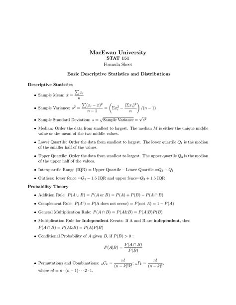 Formula Sheet For Stat Macewan University Stat Formula Sheet