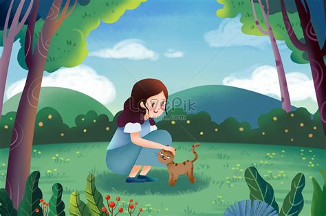 Chica Y Gato En El Bosque PSD Ilustraciones Imagenes Descarga Gratis