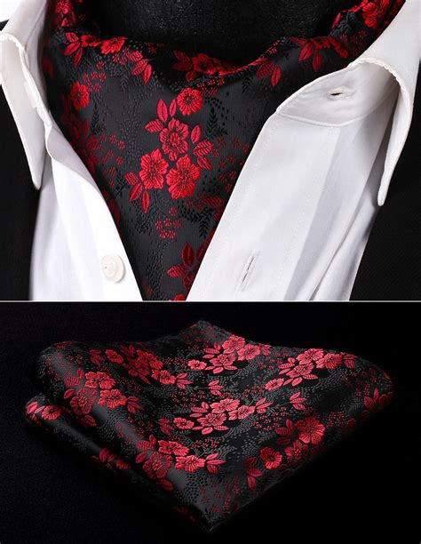 Rf Us Burgundy Black Floral Men Silk Cravat Ascot Tie Handkerchief