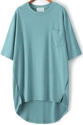 Blue Pocket Split Dip Hem T Shirt Shein Sheinside