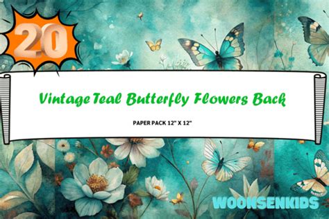 20 Vintage Teal Butterfly Flowers Background Watercolor Png Kdp Digital Paper Graphic By